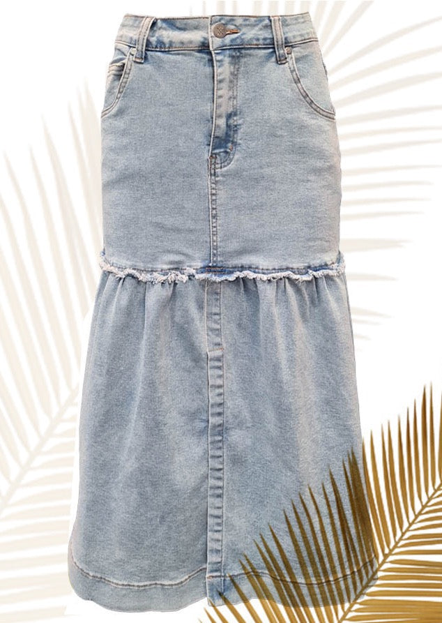 Bleach denim midi skirt