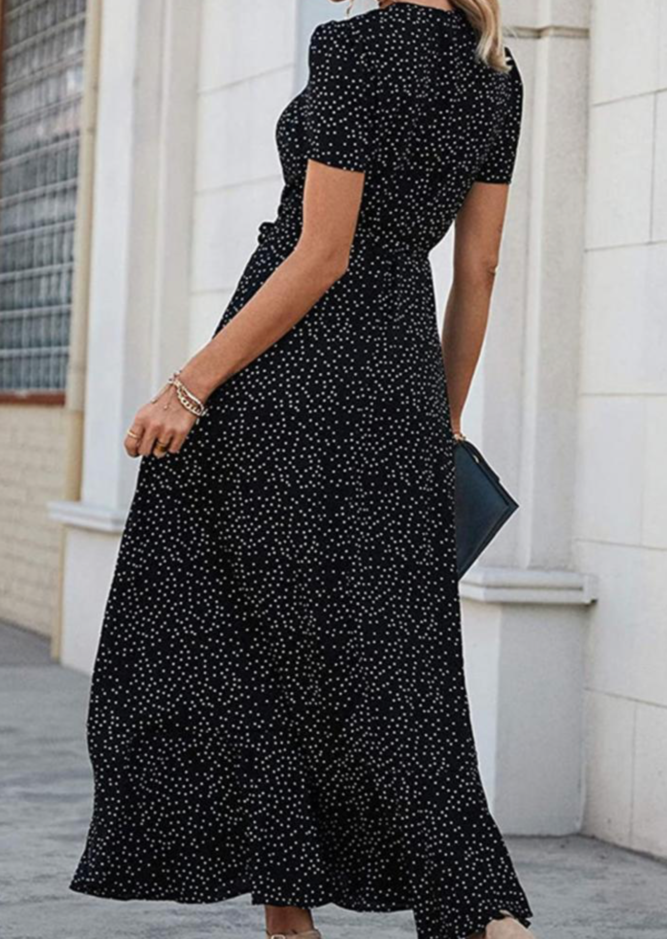 Black Dot Ruffle Hem Wrap Dress