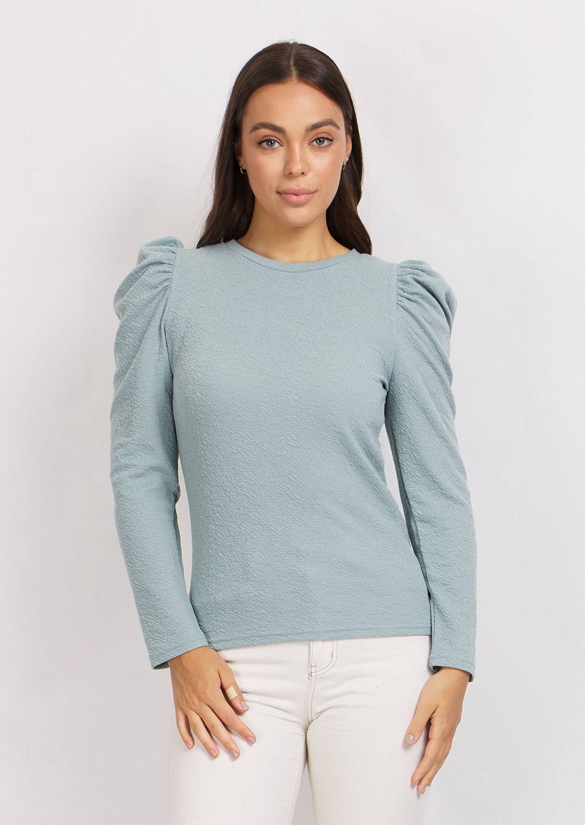 Long Sleeve Ruched Shoulder Top (Ocean Mist)