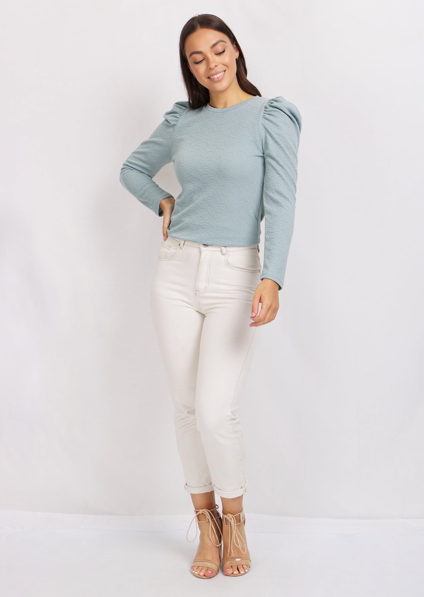 Long Sleeve Ruched Shoulder Top (Ocean Mist)