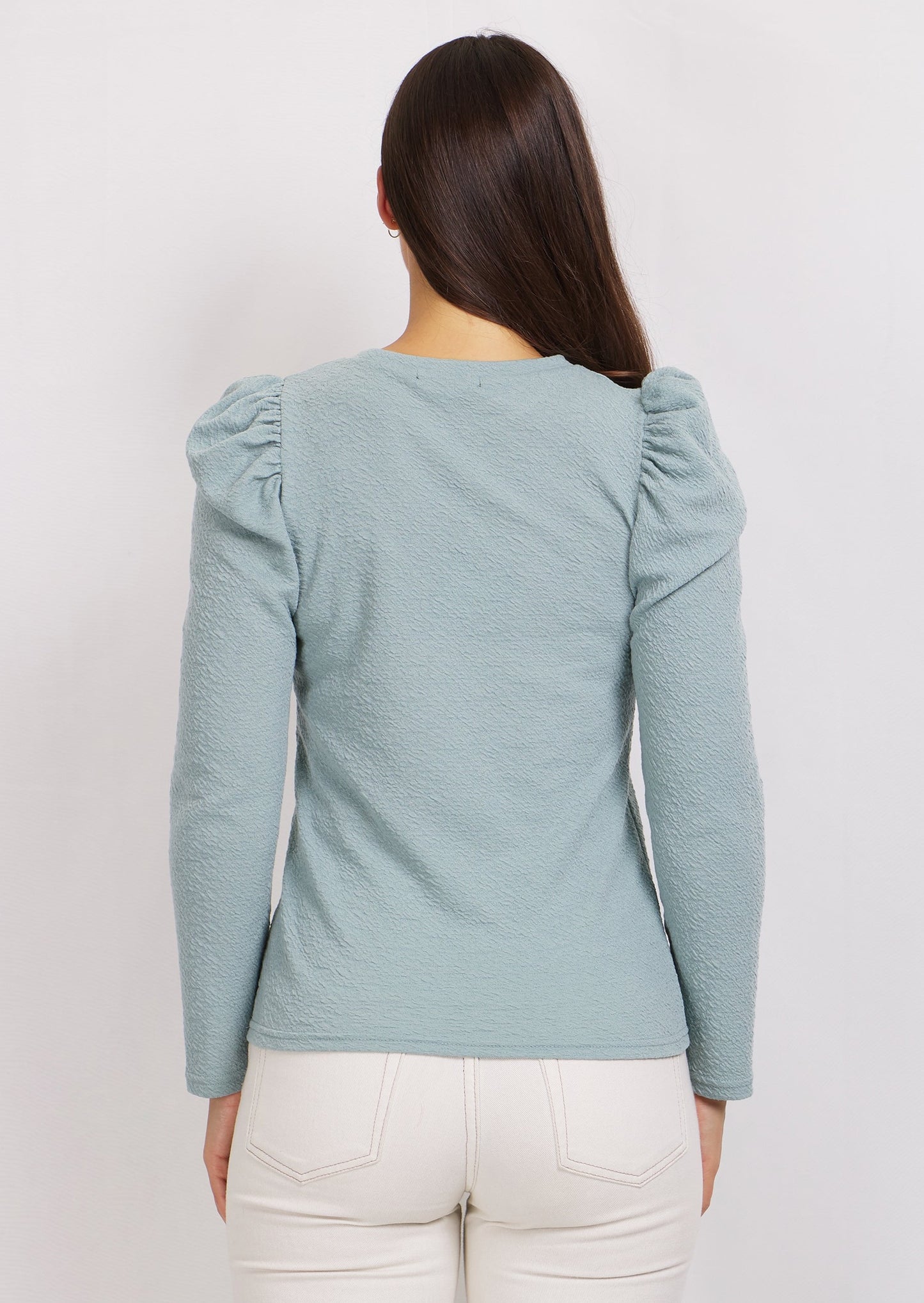 Long Sleeve Ruched Shoulder Top (Ocean Mist)