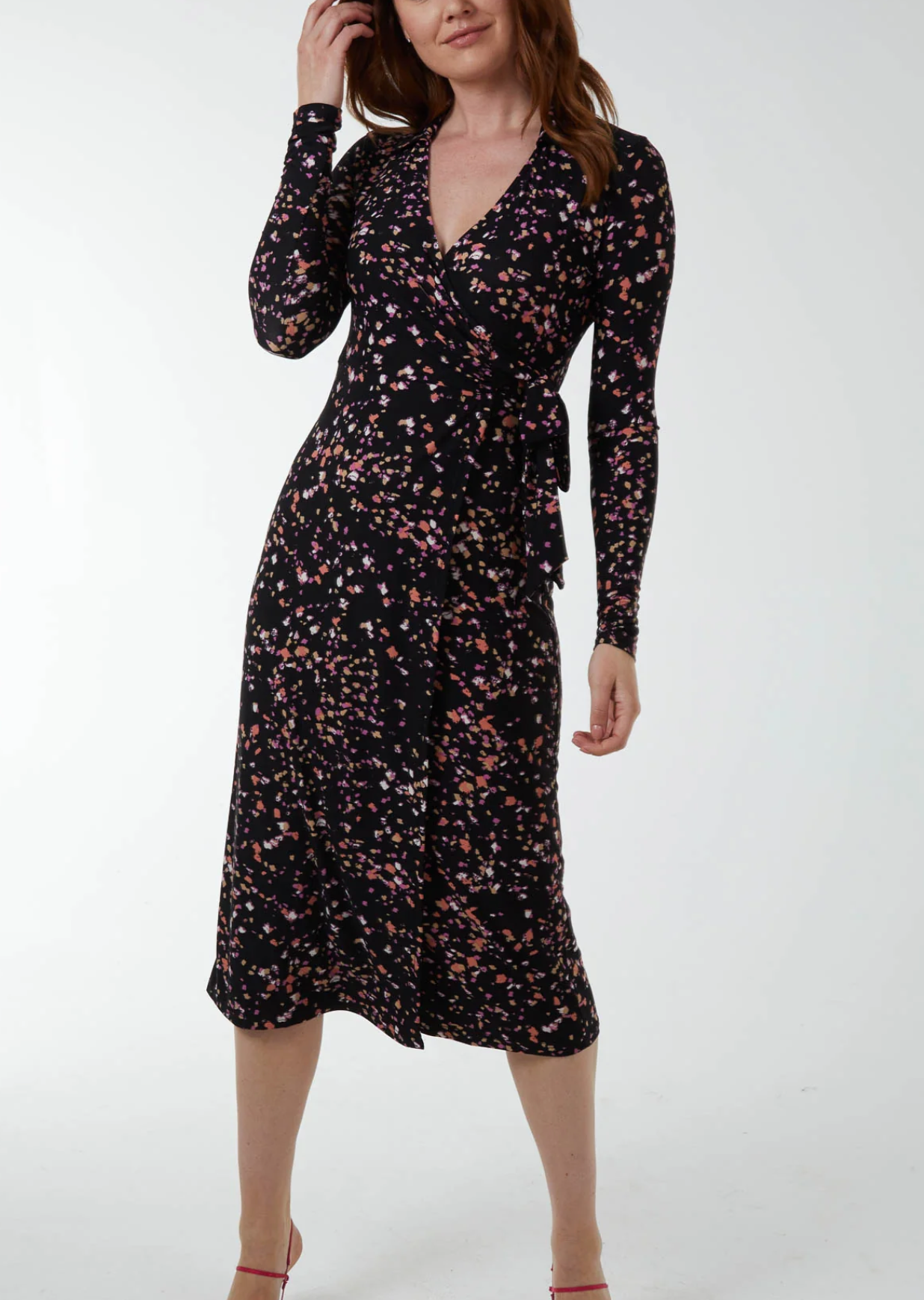 Speckled wrap midi dress